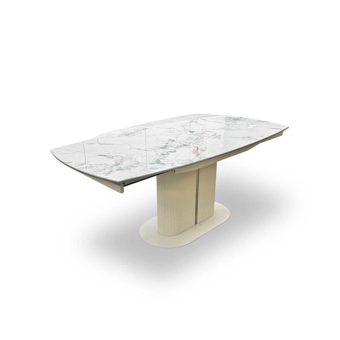 'Avorio' Marble-Effect Ceramic Top Swivel Extending Dining Table with Neutral Faux Leather Left Hand Facing Corner Dining Bench & Low Dining Bench Furniture Village