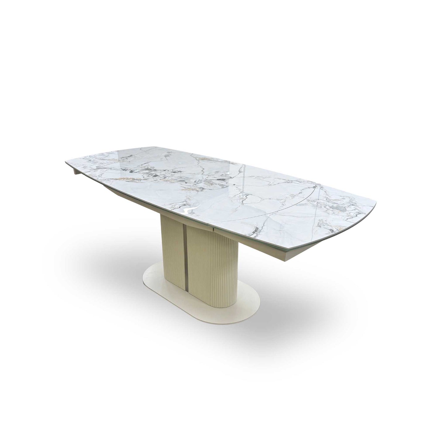 'Avorio' Marble-Effect Ceramic Top Swivel Extending Dining Table with Neutral Faux Leather Left Hand Facing Corner Dining Bench & Low Dining Bench Furniture Village