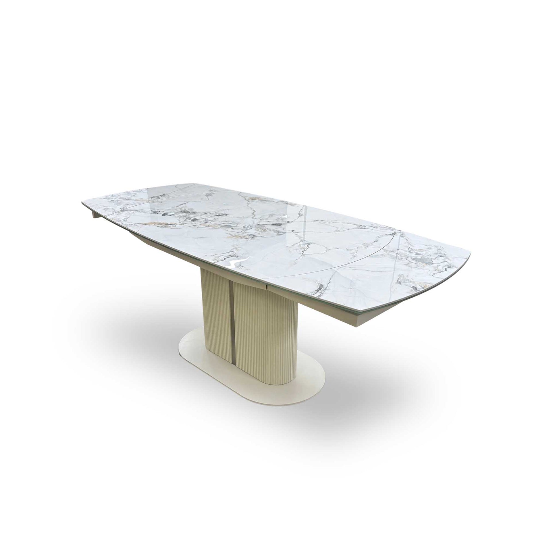 'Avorio' Marble-Effect Ceramic Top Swivel Extending Dining Table with Neutral Faux Leather Left Hand Facing Corner Dining Bench & Low Dining Bench Furniture Village
