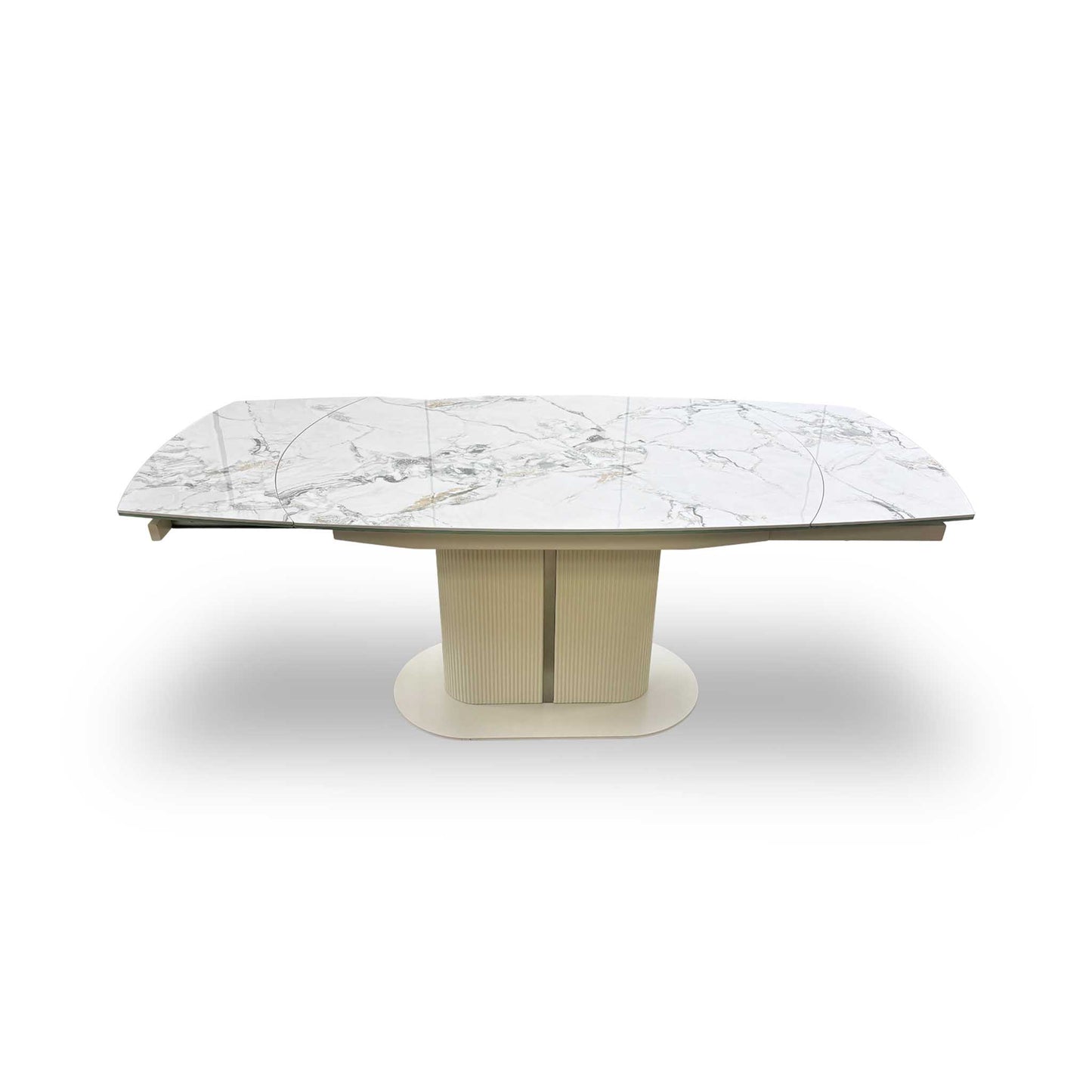 'Avorio' Marble-Effect Ceramic Top Swivel Extending Dining Table with Neutral Faux Leather Left Hand Facing Corner Dining Bench & Low Dining Bench Furniture Village