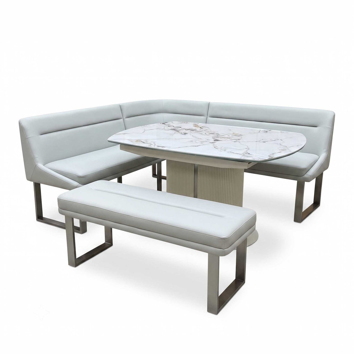 'Avorio' Marble-Effect Ceramic Top Swivel Extending Dining Table with Neutral Faux Leather Left Hand Facing Corner Dining Bench & Low Dining Bench Furniture Village