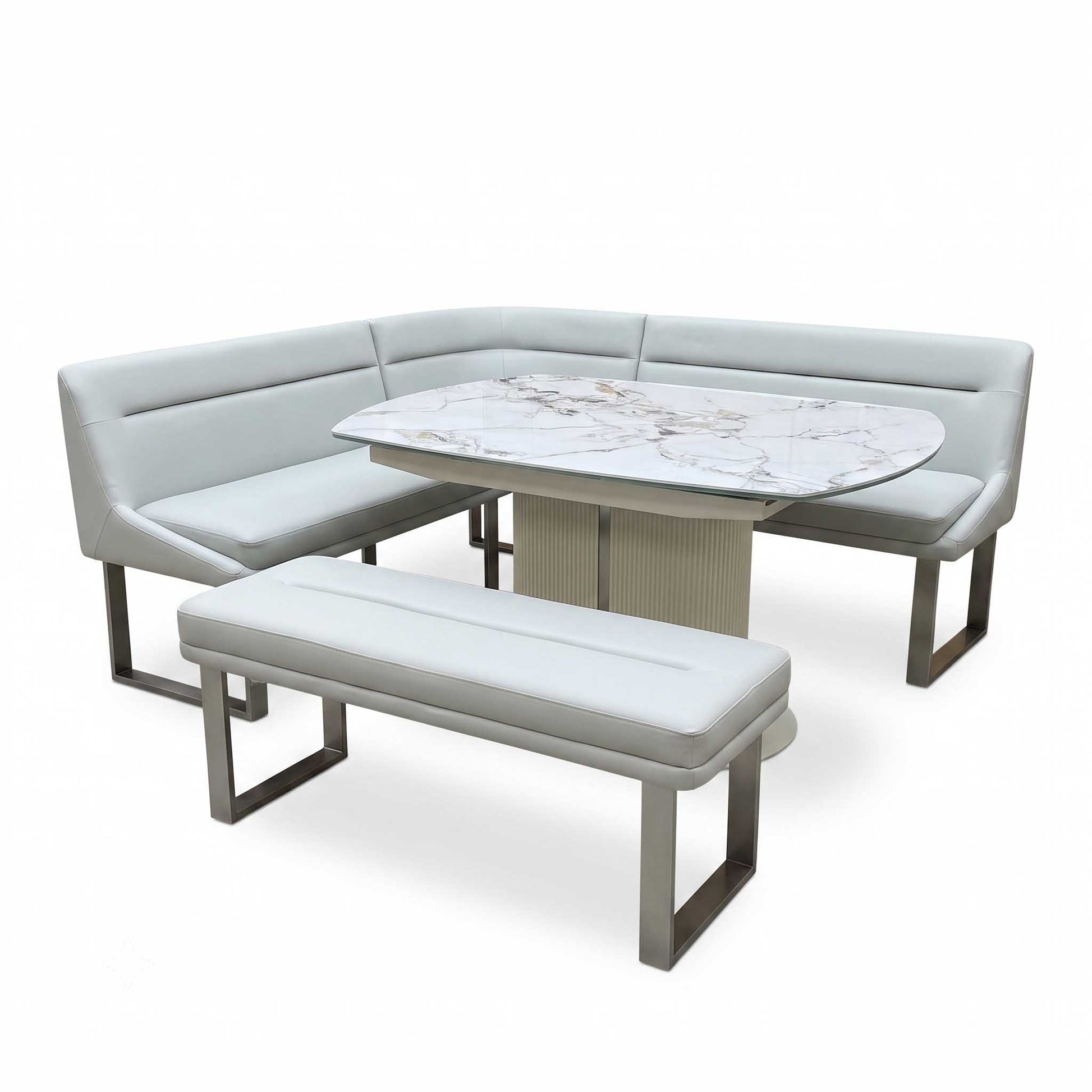'Avorio' Marble-Effect Ceramic Top Swivel Extending Dining Table with Neutral Faux Leather Left Hand Facing Corner Dining Bench & Low Dining Bench Furniture Village