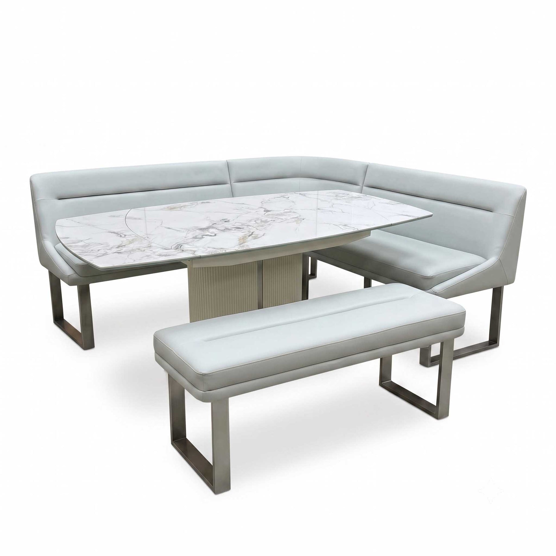 'Avorio' Marble-Effect Ceramic Top Swivel Extending Dining Table with Neutral Faux Leather Left Hand Facing Corner Dining Bench & Low Dining Bench Furniture Village