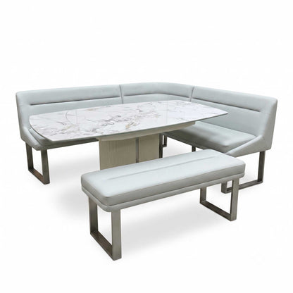 'Avorio' Marble-Effect Ceramic Top Swivel Extending Dining Table with Neutral Faux Leather Left Hand Facing Corner Dining Bench & Low Dining Bench Furniture Village