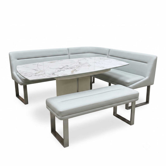 'Avorio' Marble-Effect Ceramic Top Swivel Extending Dining Table with Neutral Faux Leather Left Hand Facing Corner Dining Bench & Low Dining Bench Furniture Village