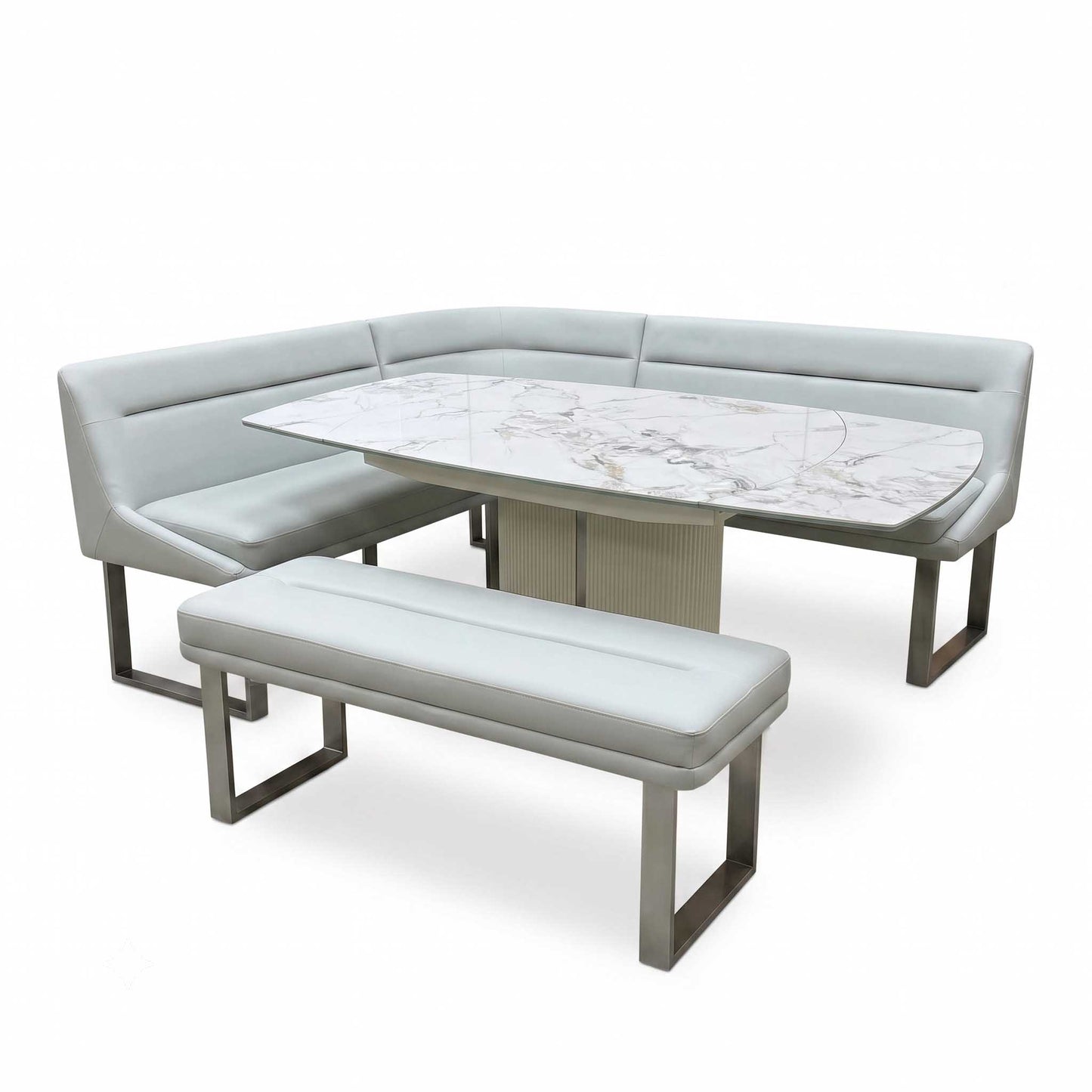 'Avorio' Marble-Effect Ceramic Top Swivel Extending Dining Table with Neutral Faux Leather Left Hand Facing Corner Dining Bench & Low Dining Bench Furniture Village