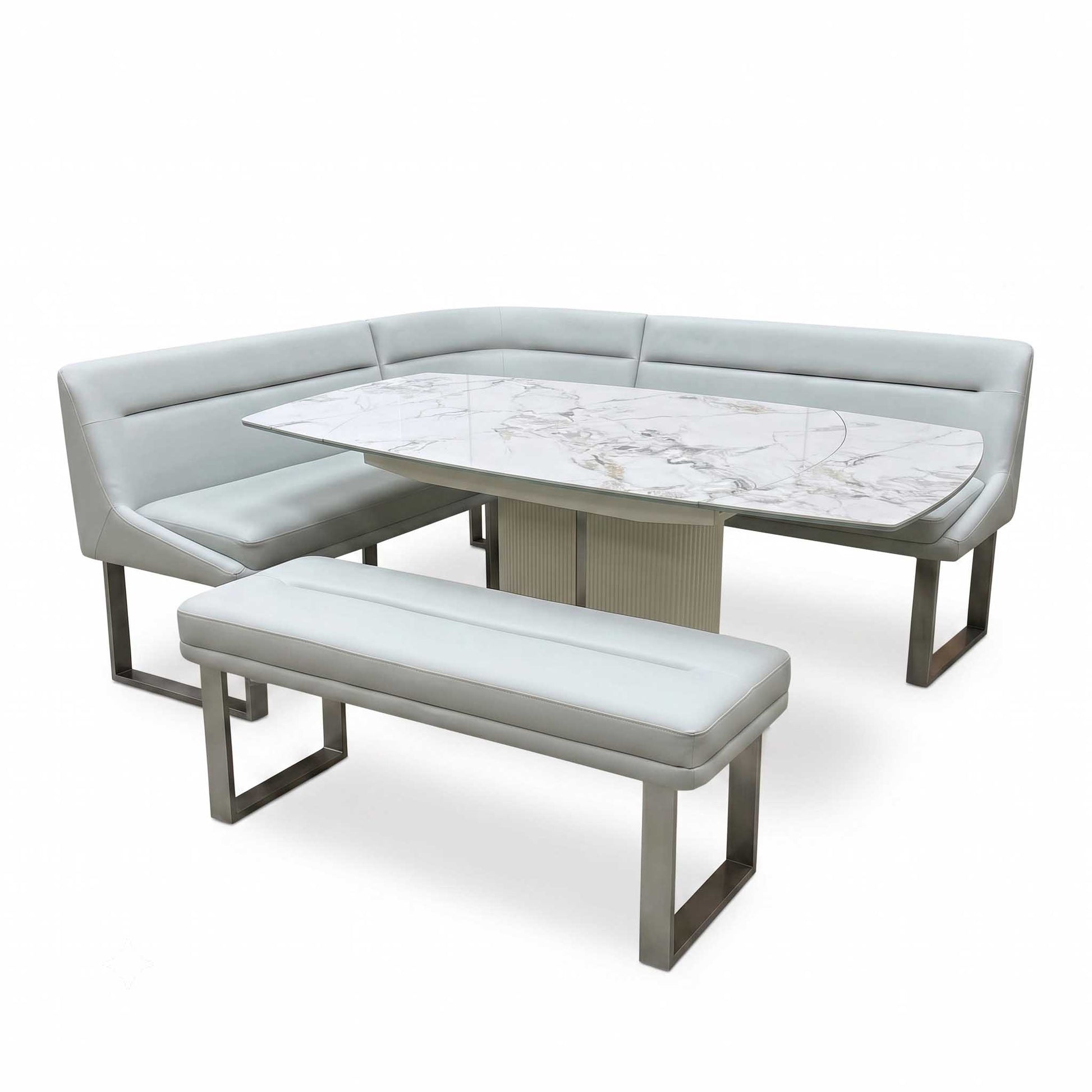 'Avorio' Marble-Effect Ceramic Top Swivel Extending Dining Table with Neutral Faux Leather Left Hand Facing Corner Dining Bench & Low Dining Bench Furniture Village