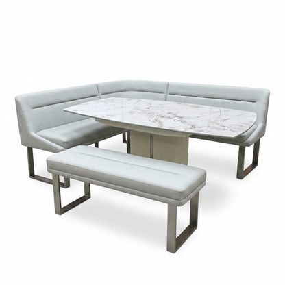 'Avorio' Marble-Effect Ceramic Top Swivel Extending Dining Table with Neutral Faux Leather Left Hand Facing Corner Dining Bench & Low Dining Bench Furniture Village