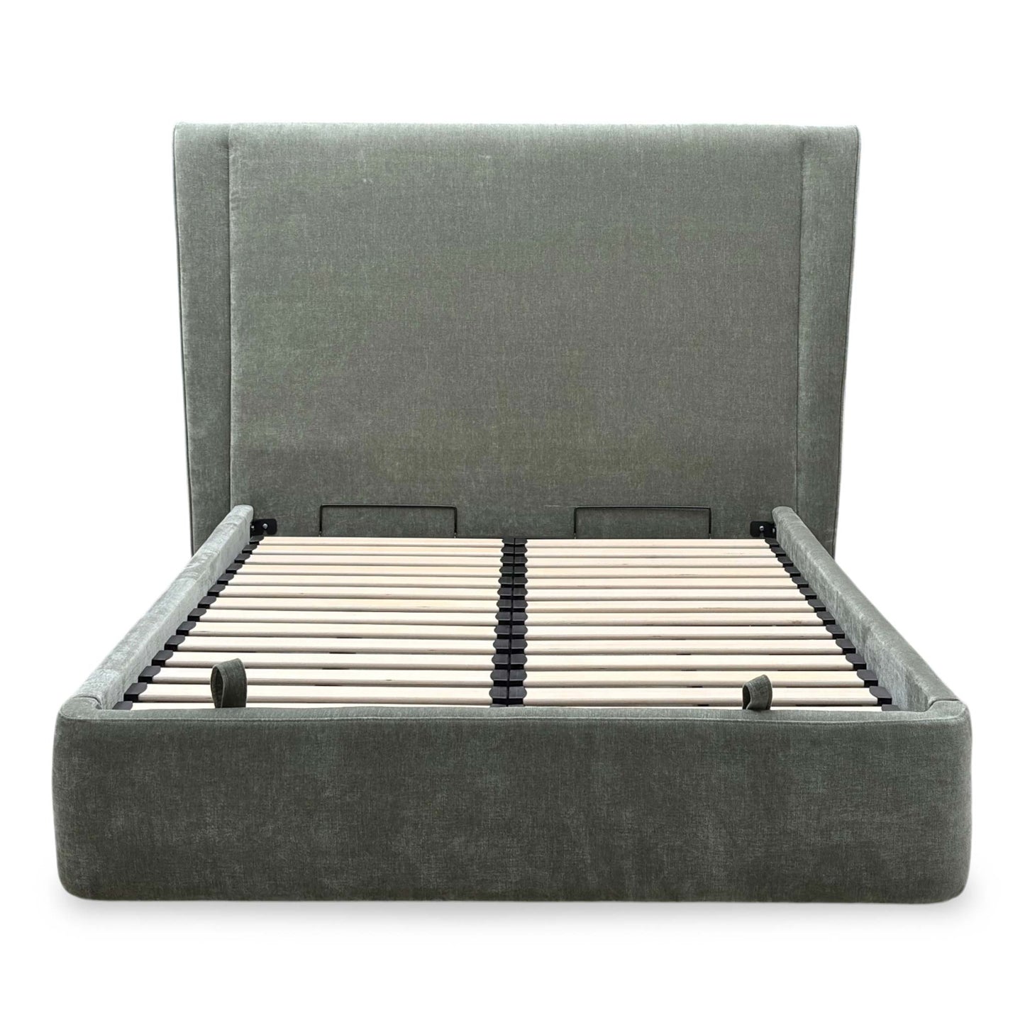 Front view of the ‘Dior’ End Ottoman Bed Frame in Forest Green fabric, showcasing its luxurious deep button-tufted Chesterfield headboard and sleek, clean-lined upholstered base.