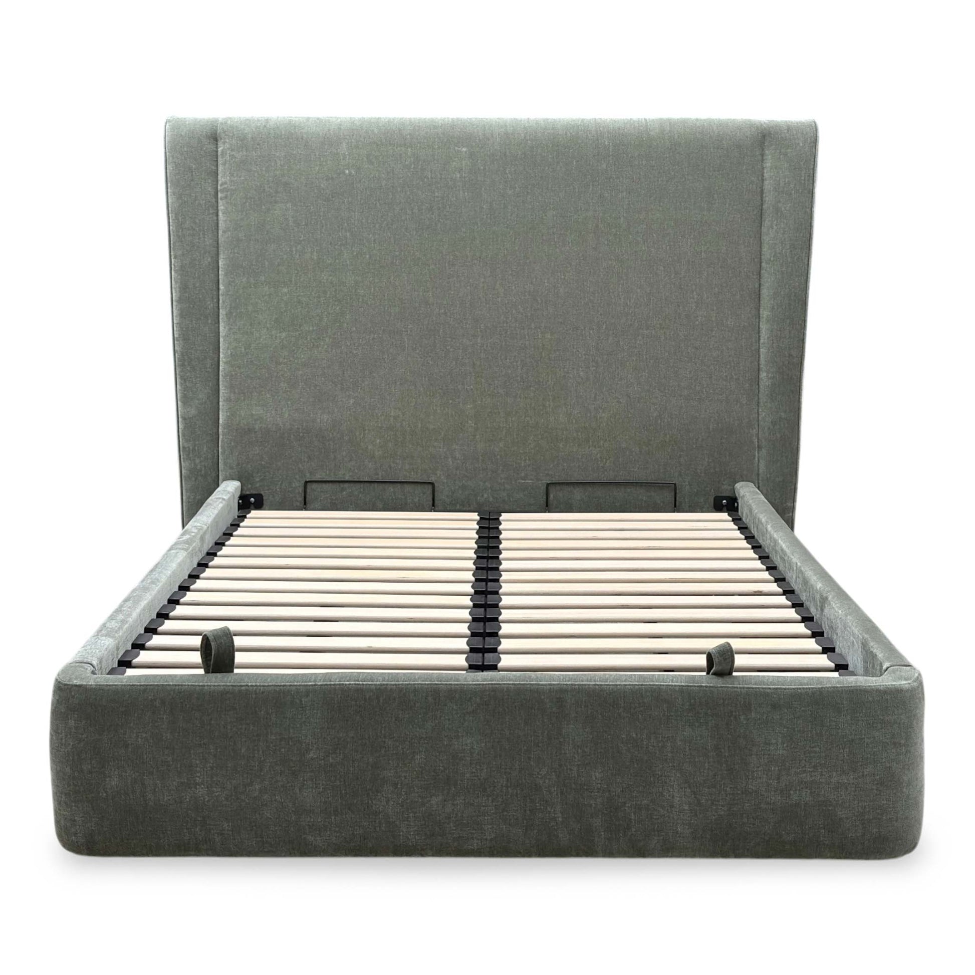 Front view of the ‘Dior’ End Ottoman Bed Frame in Forest Green fabric, showcasing its luxurious deep button-tufted Chesterfield headboard and sleek, clean-lined upholstered base.