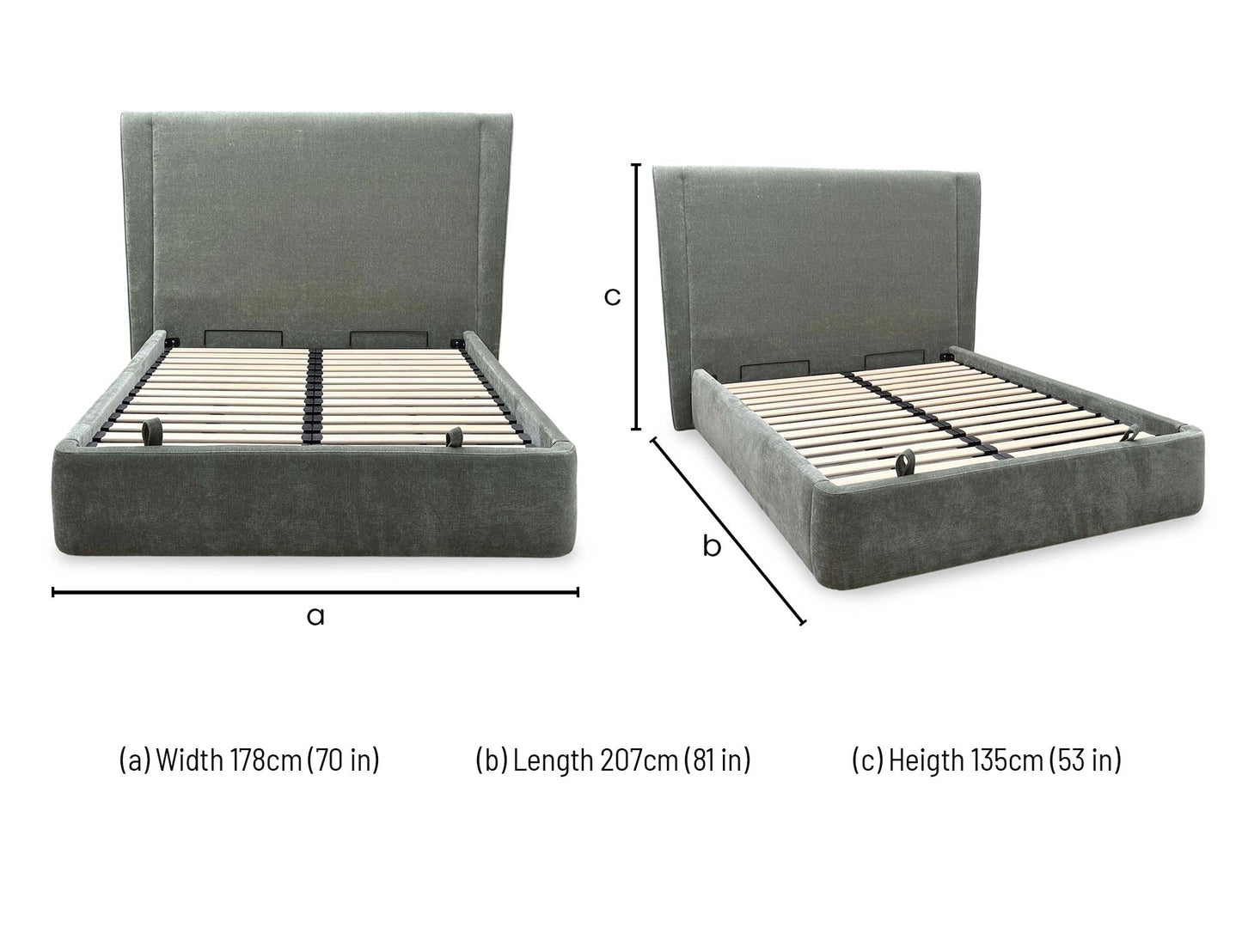Technical dimension diagram for the ‘Dior’ Forest Green Fabric End Ottoman Bed Frame, detailing overall length, width, headboard height, and internal storage depth.
