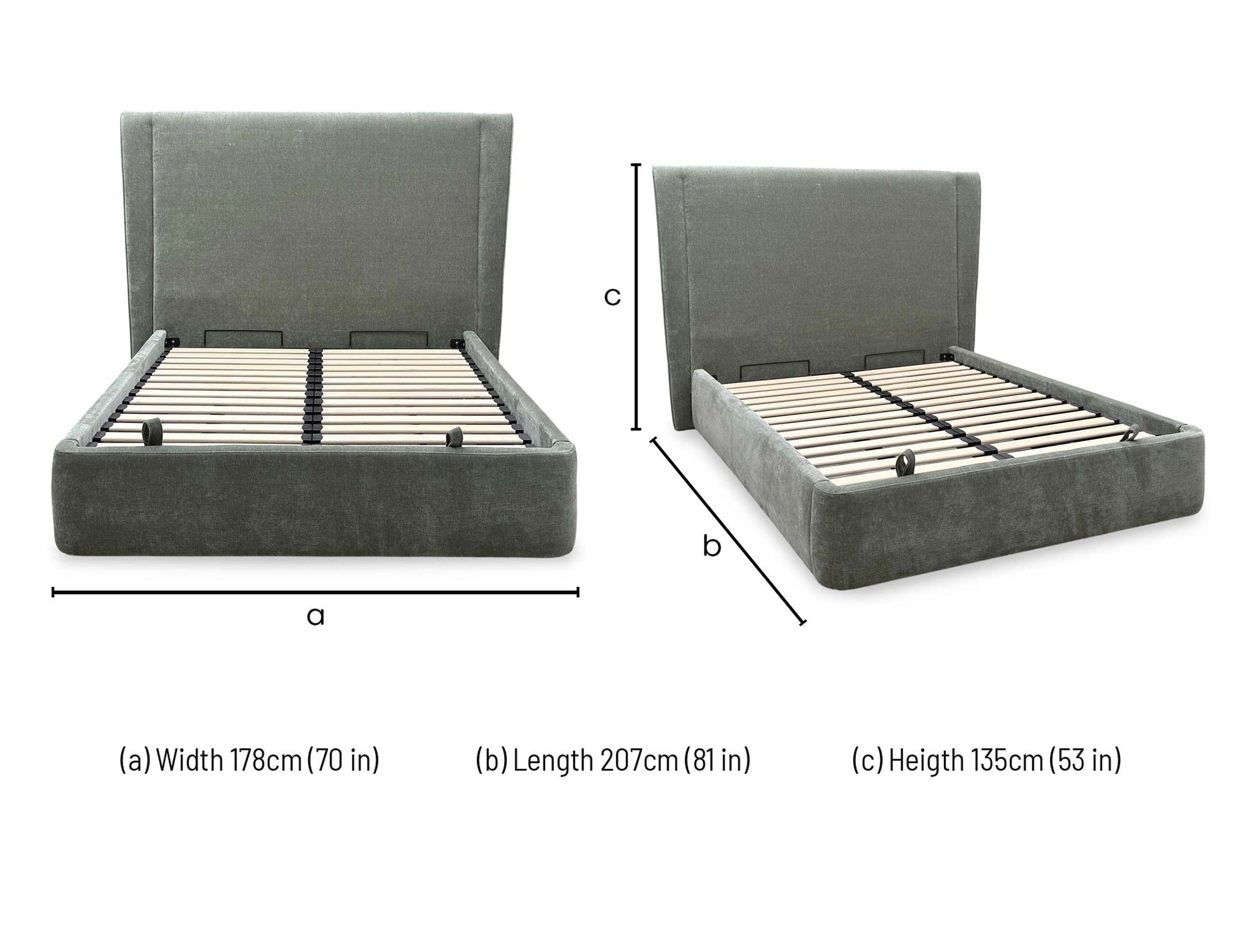 Technical dimension diagram for the ‘Dior’ Forest Green Fabric End Ottoman Bed Frame, detailing overall length, width, headboard height, and internal storage depth.