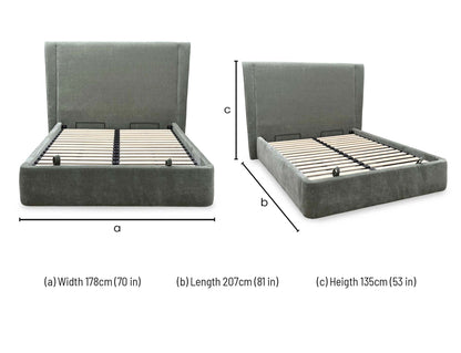 Technical dimension diagram for the ‘Dior’ Forest Green Fabric End Ottoman Bed Frame, detailing overall length, width, headboard height, and internal storage depth.