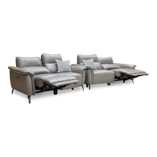 ‘Jude’ Oslo Elephant Grey Cat-40_15 Leather 3 + 2 Seater Power Recliner Sofa Set with Telescopic Headrests, Power Lumbar and Heated Seats