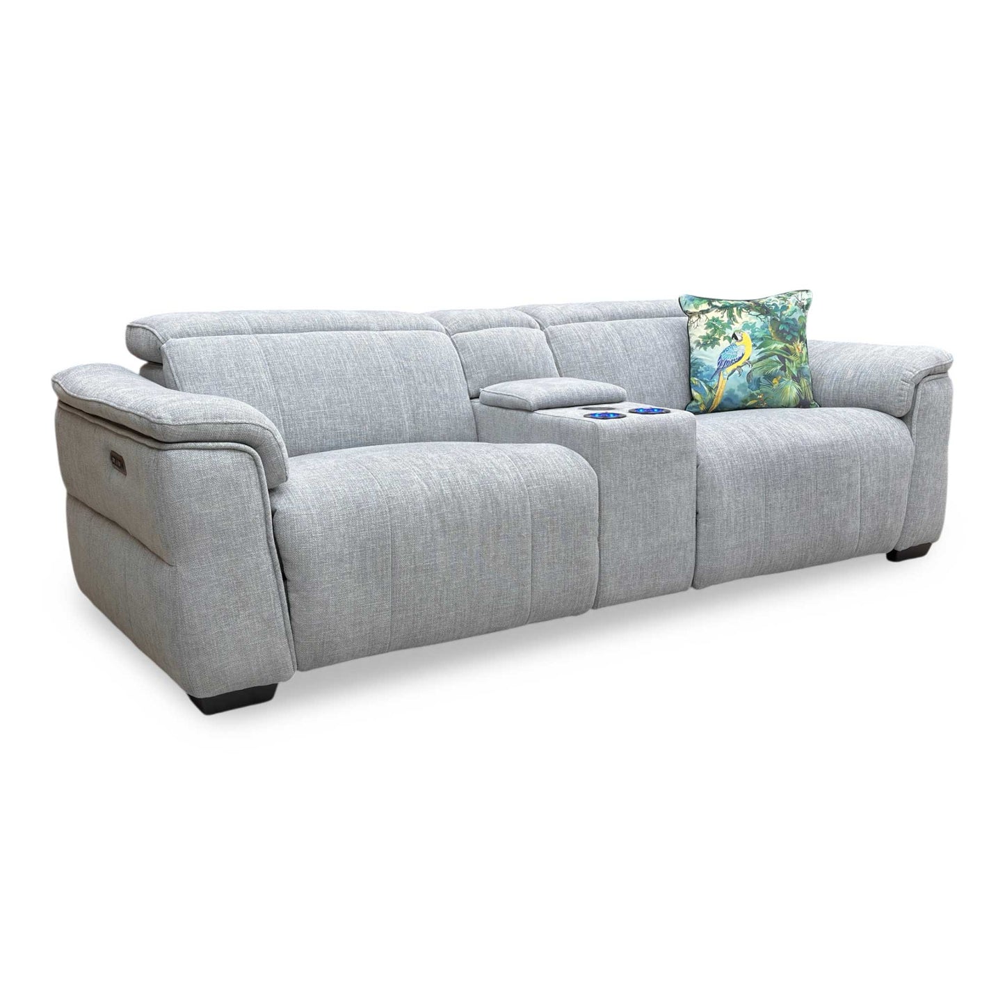 ‘Inca’ Anivia Light Grey Woven Fabric 3 Seater Power Recliner Sofa with Pop Up Light Console and Power Headrests