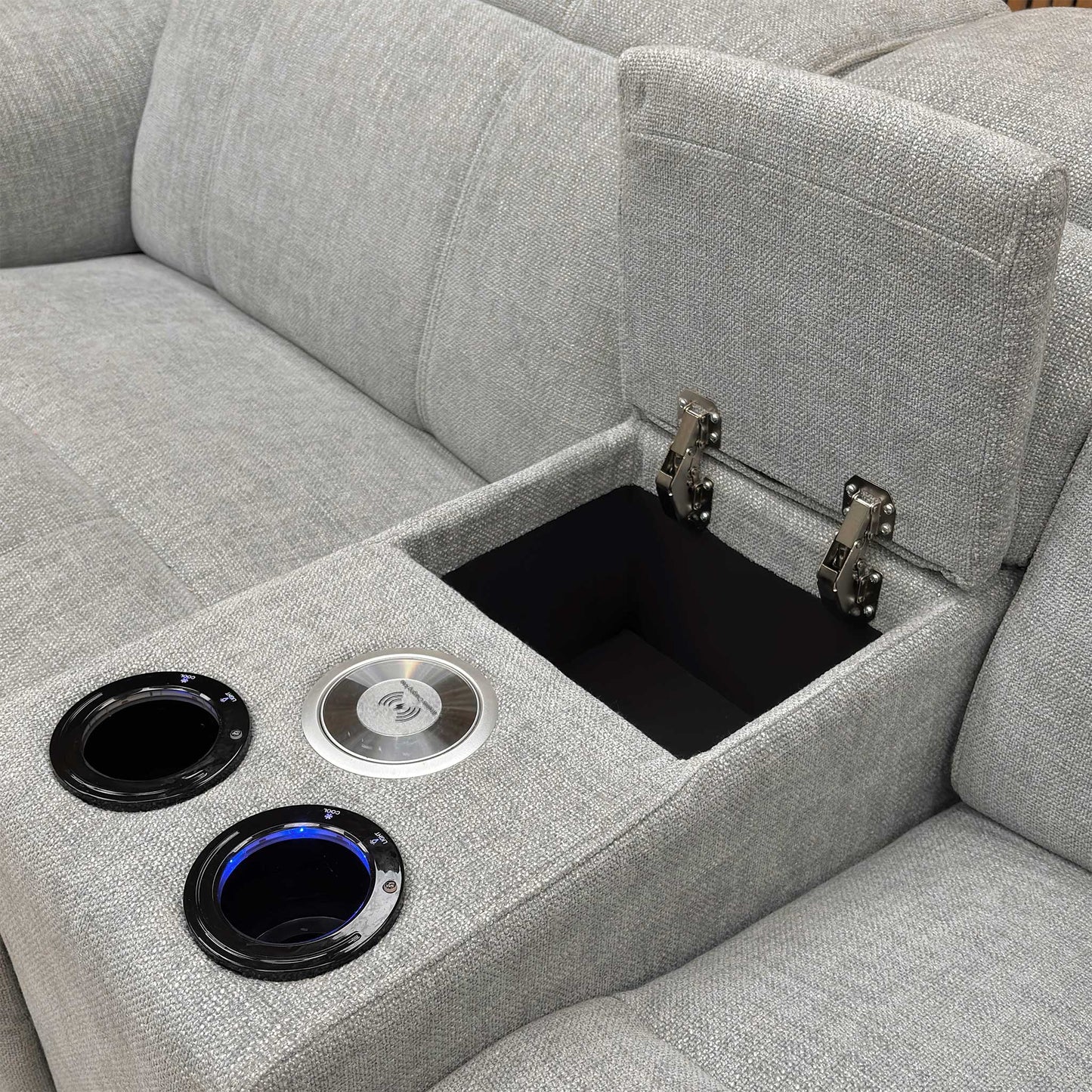 ‘Inca’ Anivia Light Grey Woven Fabric 3 Seater Power Recliner Sofa with Pop Up Light Console and Power Headrests