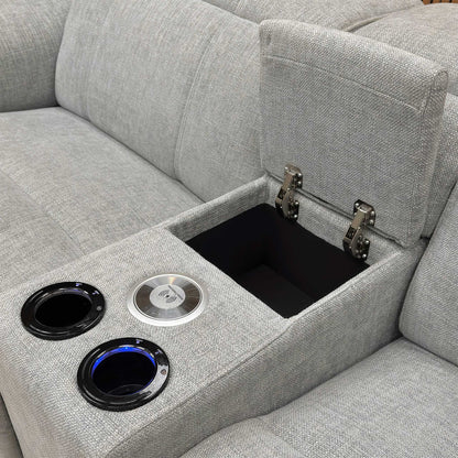 ‘Inca’ Anivia Light Grey Woven Fabric 3 Seater Power Recliner Sofa with Pop Up Light Console and Power Headrests