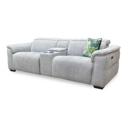 ‘Inca’ Anivia Light Grey Woven Fabric 3 Seater Power Recliner Sofa with Pop Up Light Console and Power Headrests