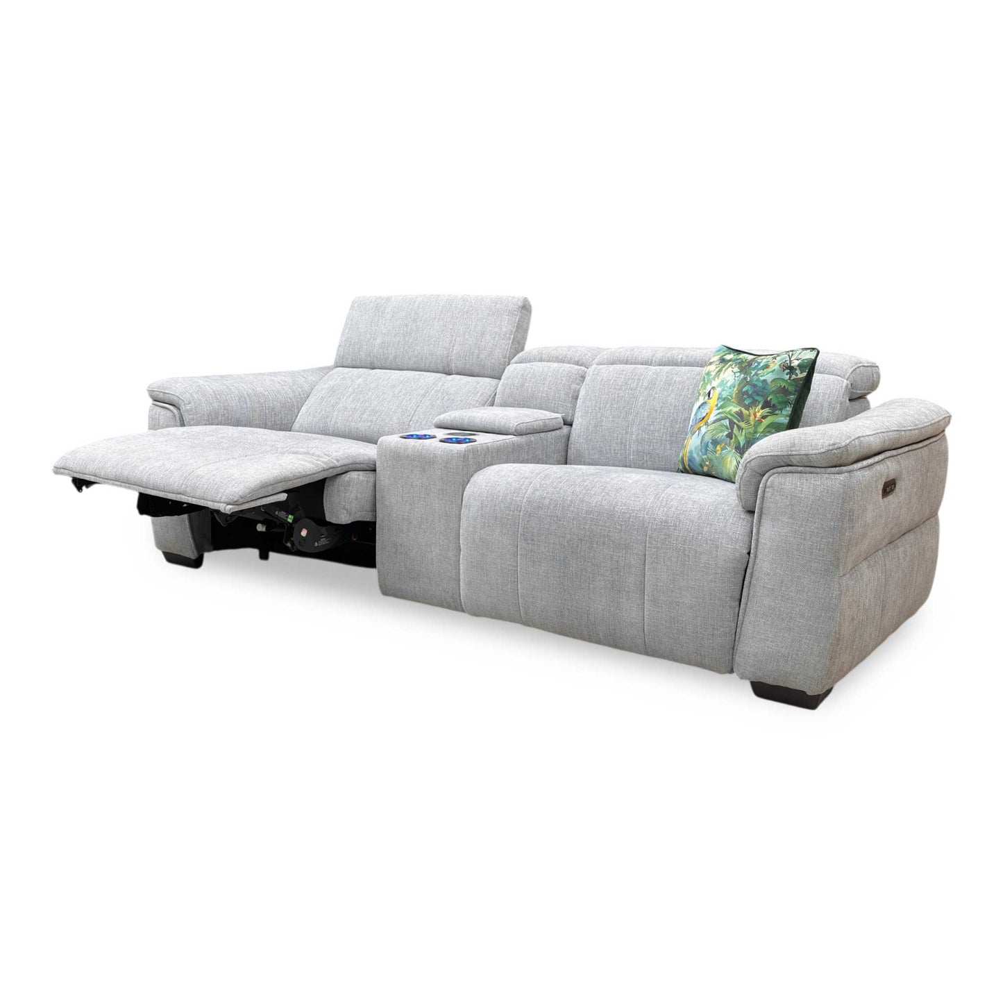 ‘Inca’ Anivia Light Grey Woven Fabric 3 Seater Power Recliner Sofa with Pop Up Light Console and Power Headrests