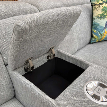 ‘Inca’ Anivia Light Grey Woven Fabric 3 Seater Power Recliner Sofa with Pop Up Light Console and Power Headrests