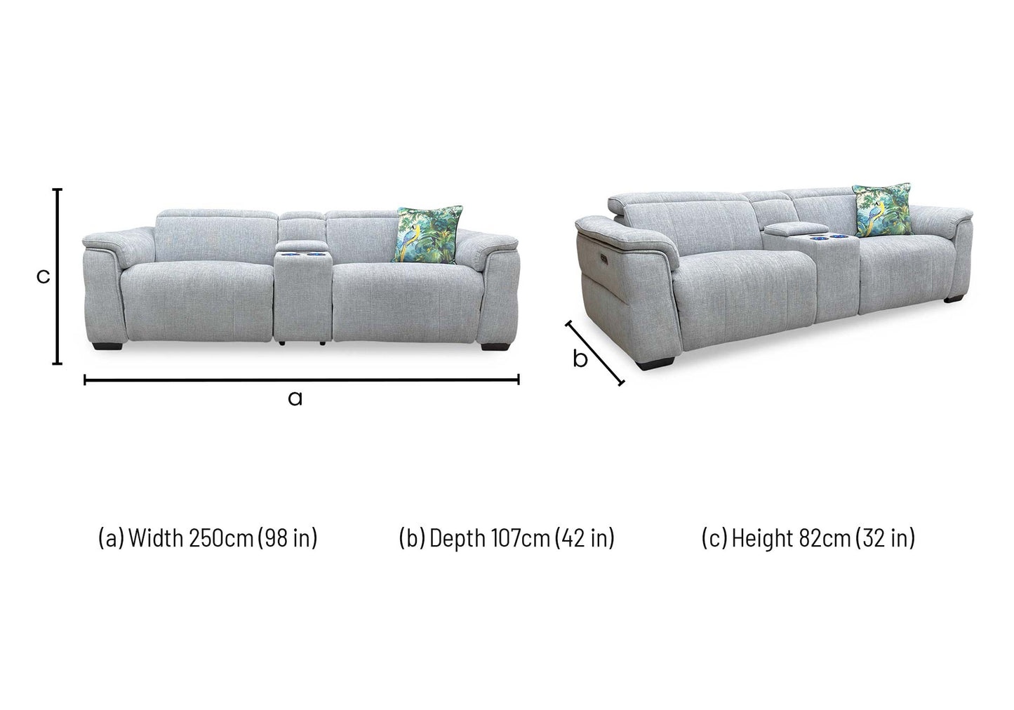 ‘Inca’ Anivia Light Grey Woven Fabric 3 Seater Power Recliner Sofa with Pop Up Light Console and Power Headrests