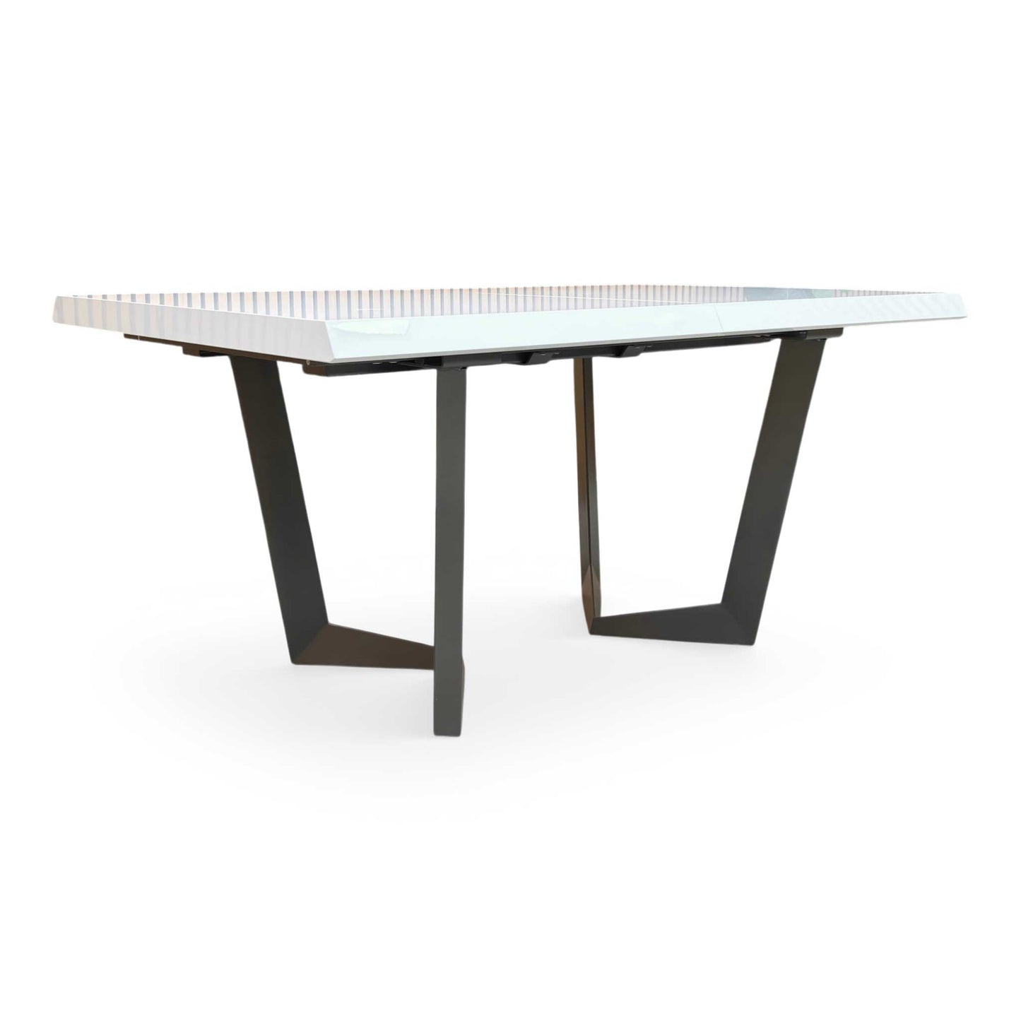 Side profile of the Palazzo table, emphasizing the clean, minimalist lines and the reflective quality of the white lacquer finish.