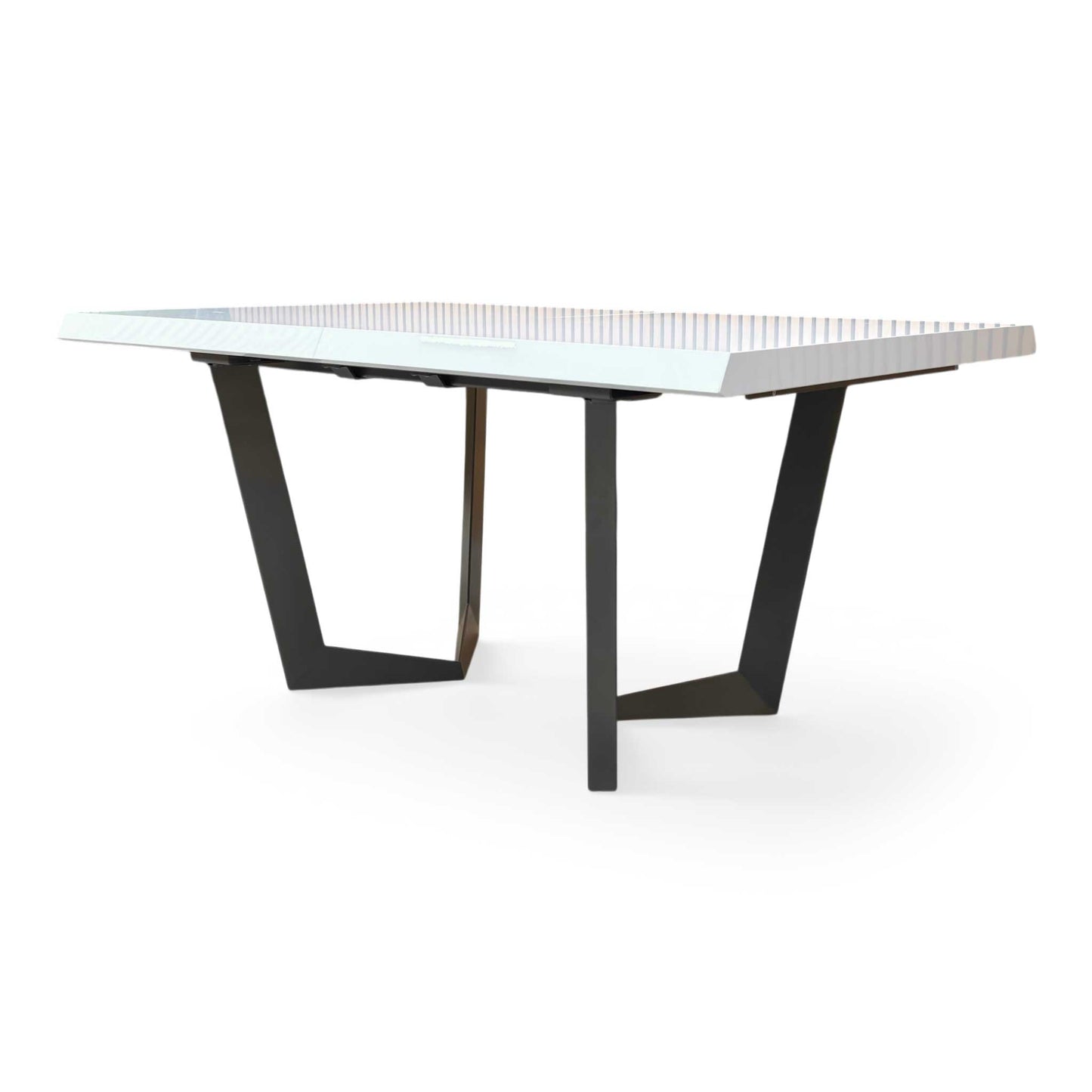 Side profile of the Palazzo table, emphasizing the clean, minimalist lines and the reflective quality of the white lacquer finish.