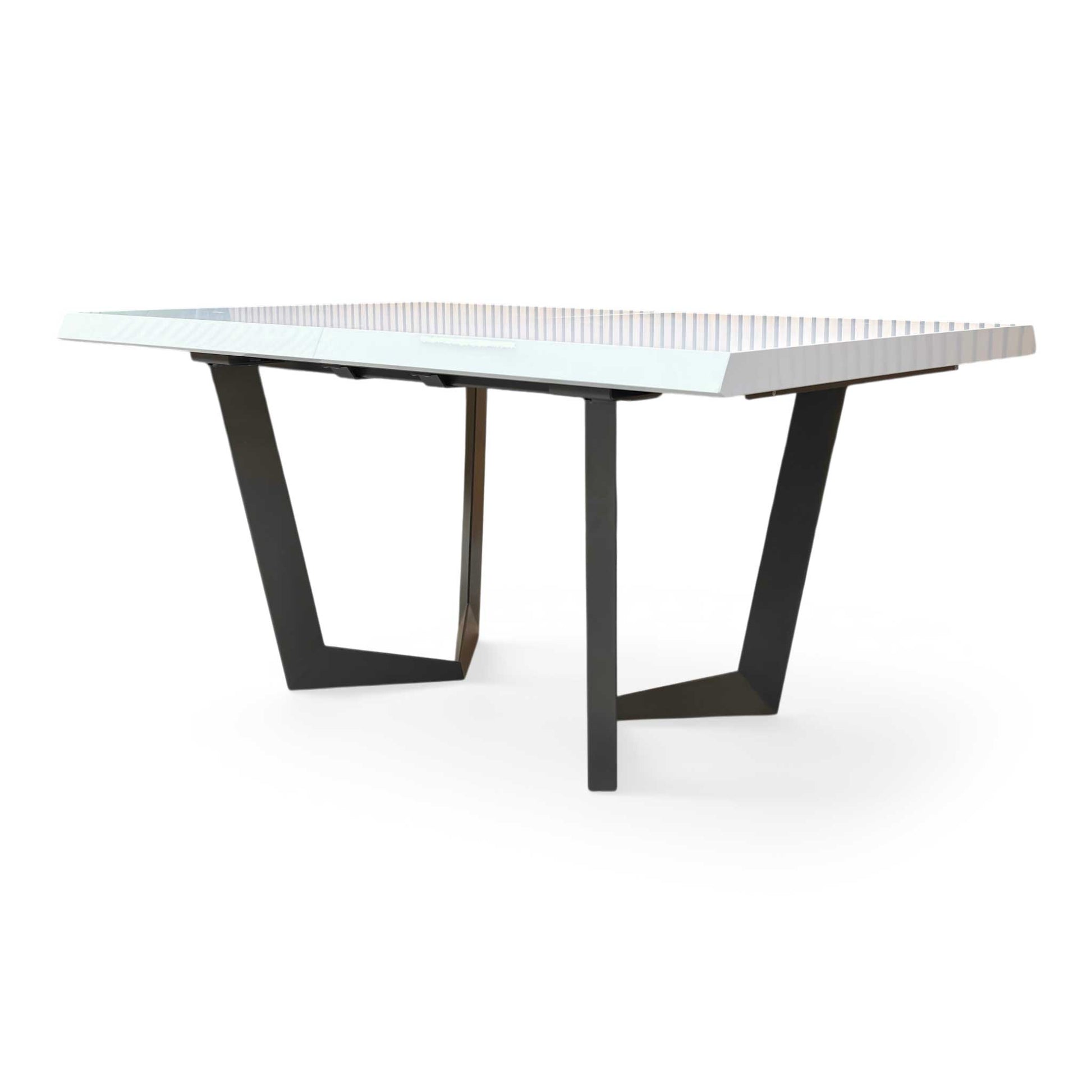 Side profile of the Palazzo table, emphasizing the clean, minimalist lines and the reflective quality of the white lacquer finish.