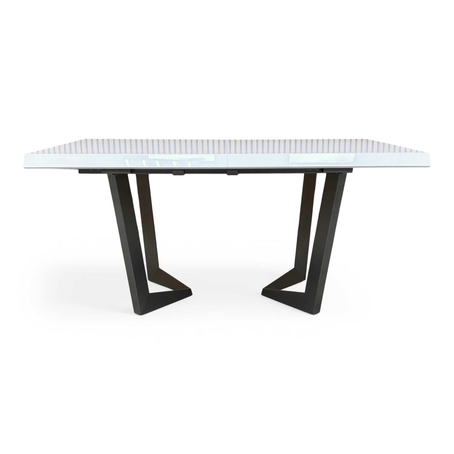 Front view of the Palazzo 160cm extending dining table in a glossy white high-gloss finish, featuring a modern chunky pedestal base.