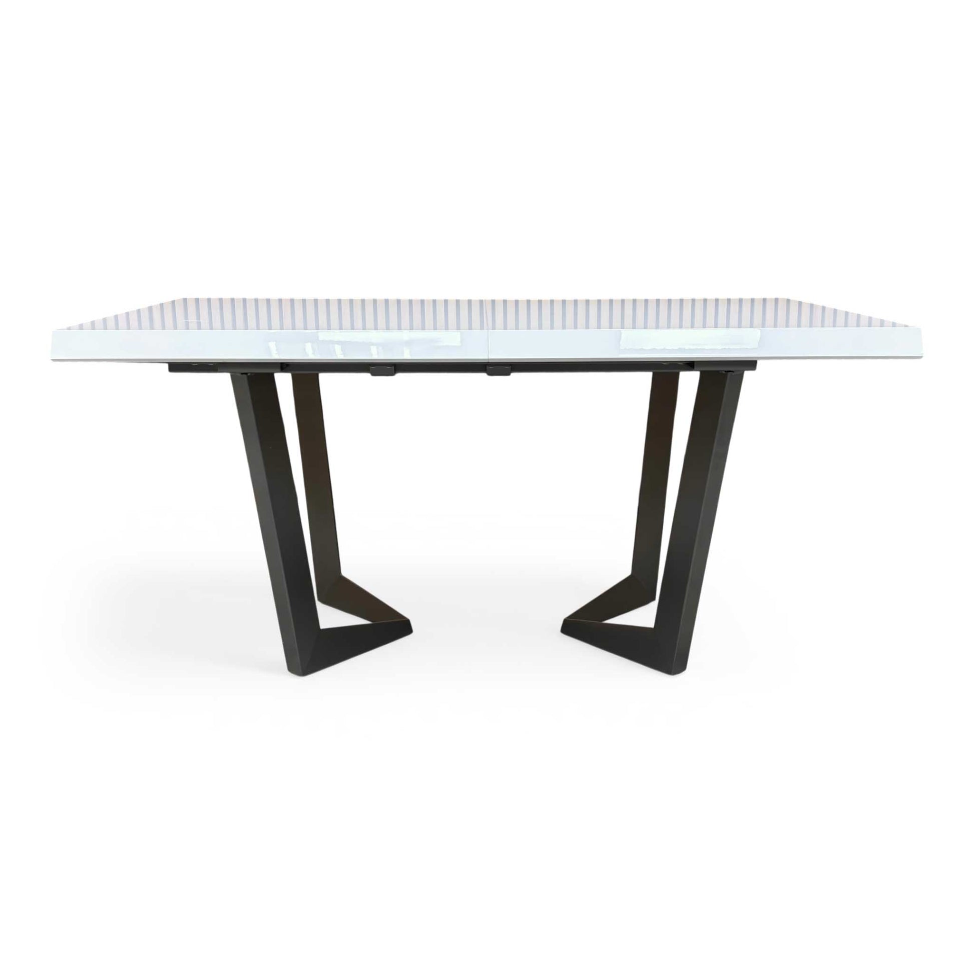 Front view of the Palazzo 160cm extending dining table in a glossy white high-gloss finish, featuring a modern chunky pedestal base.