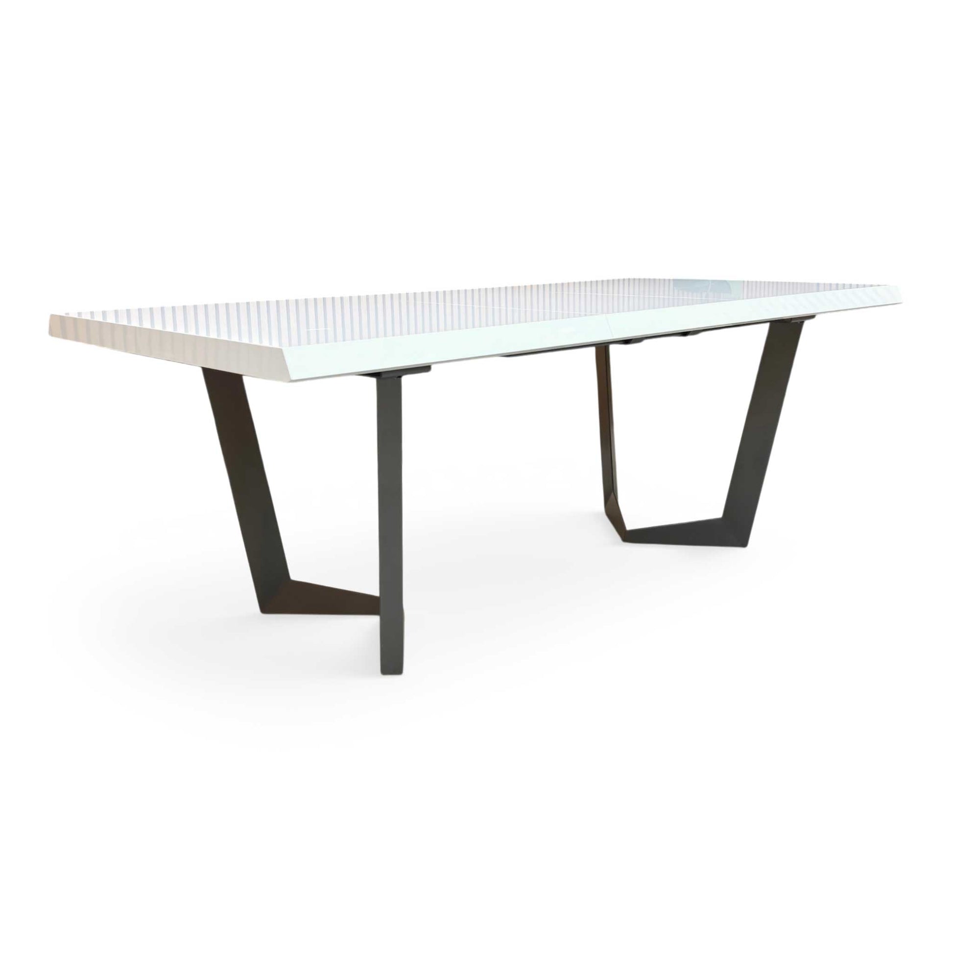 Full view of the Palazzo 160cm extending dining table in a glossy white high-gloss finish, featuring a modern chunky pedestal base.