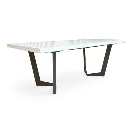 Full view of the Palazzo 160cm extending dining table in a glossy white high-gloss finish, featuring a modern chunky pedestal base.