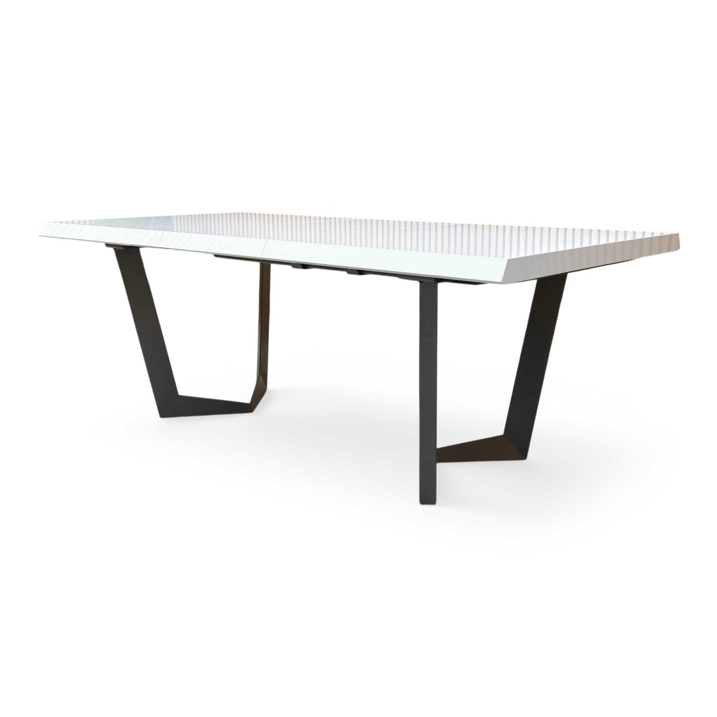Side profile of the Palazzo table, emphasizing the clean, minimalist lines and the reflective quality of the white lacquer finish.