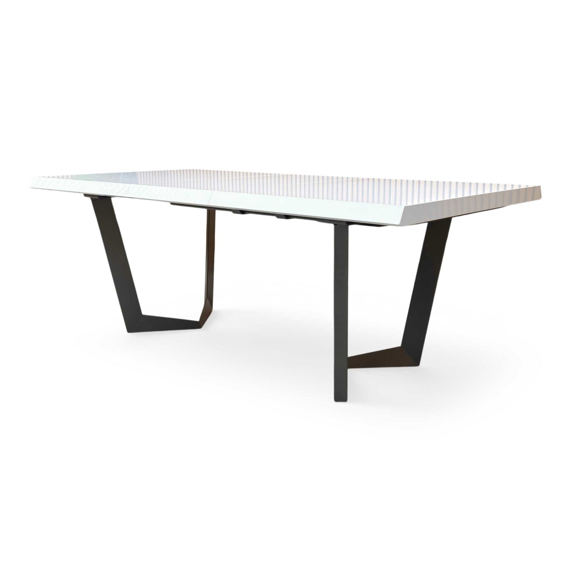 Side profile of the Palazzo table, emphasizing the clean, minimalist lines and the reflective quality of the white lacquer finish.