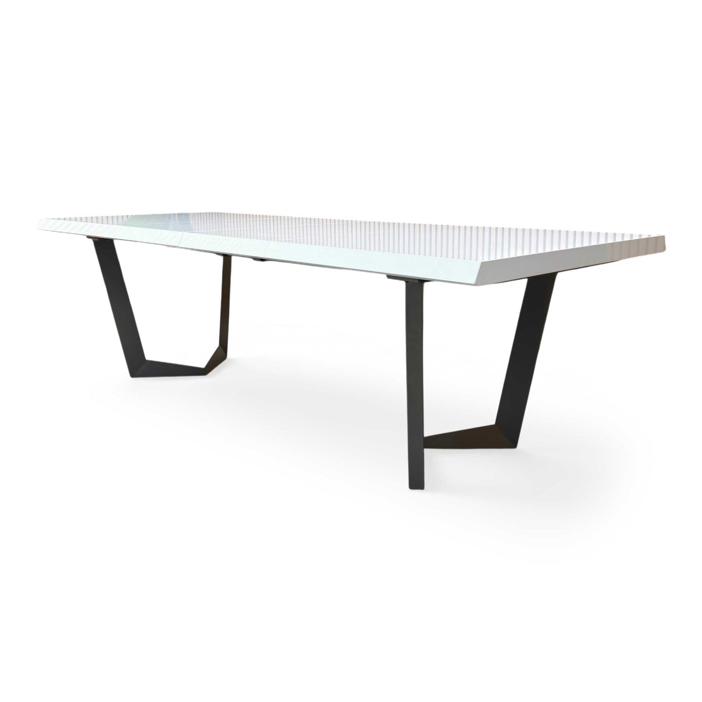 Side profile of the Palazzo table, emphasizing the clean, minimalist lines and the reflective quality of the white lacquer finish.