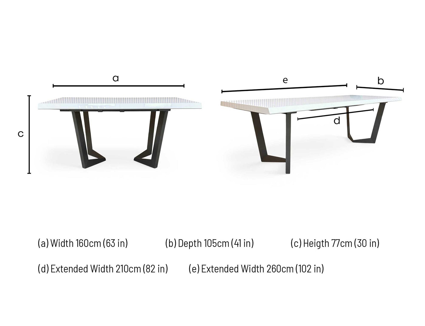 Technical dimension diagram for the Palazzo High-Gloss 160cm Dining Table, specifying width, height, and all three extension lengths.