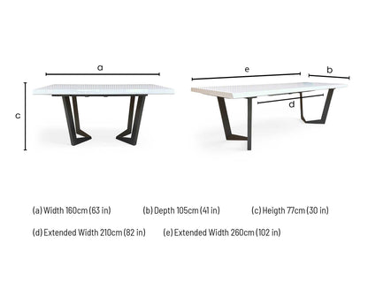 Technical dimension diagram for the Palazzo High-Gloss 160cm Dining Table, specifying width, height, and all three extension lengths.