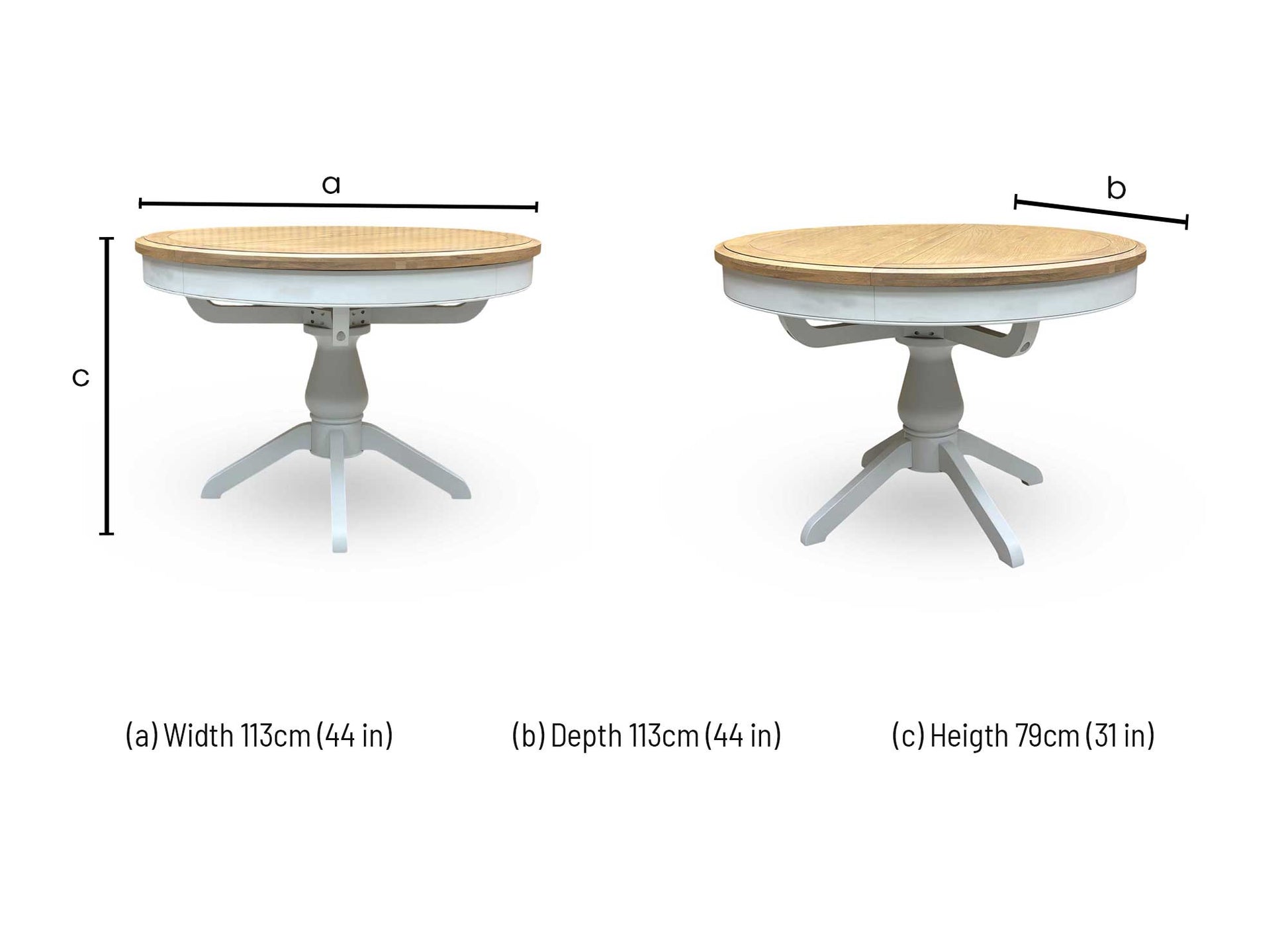 Technical dimension diagram for the ‘Hamilton’ Solid Oak Round Fixed Dining Table: Width 113cm, Depth 113cm, Height 76cm.