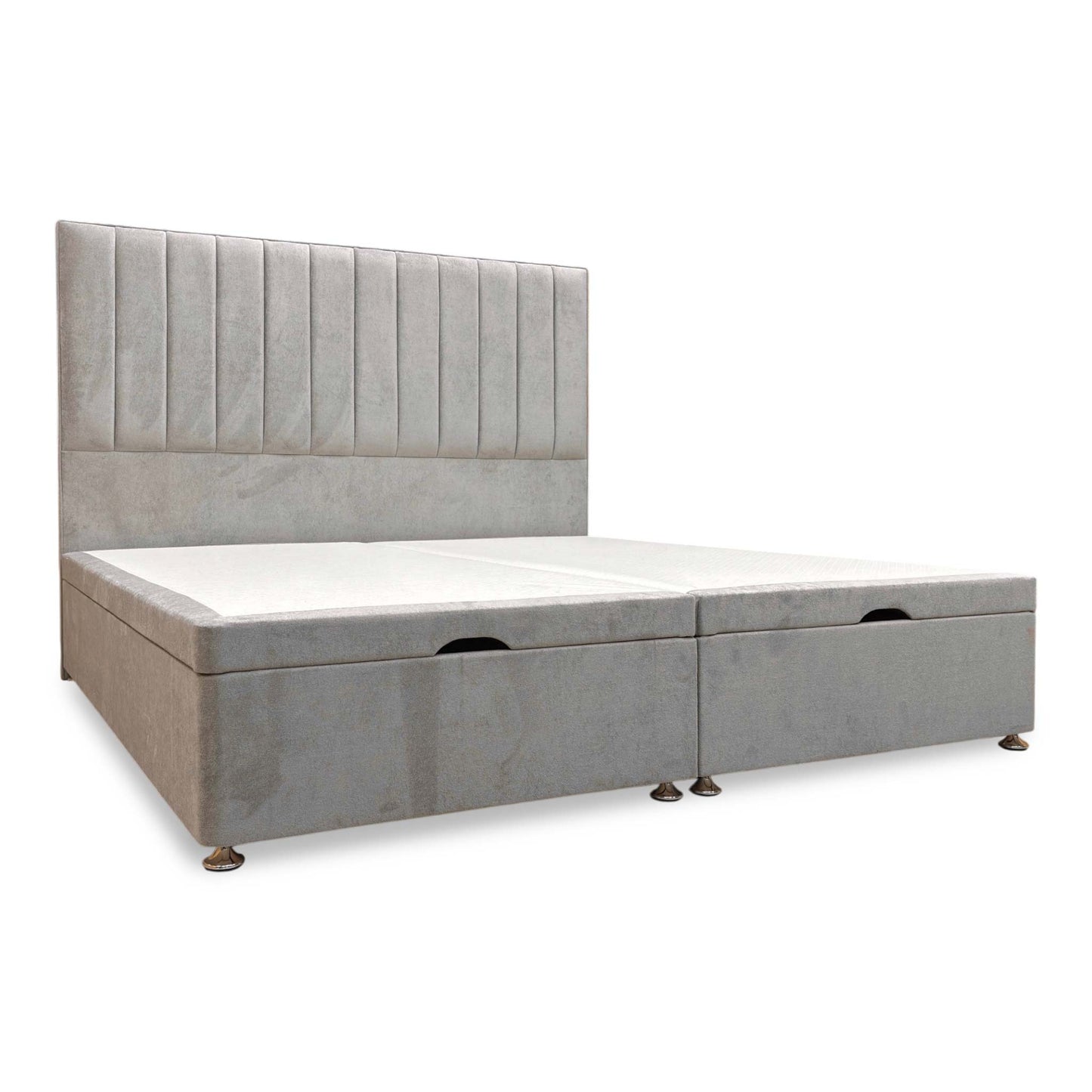 'Pluto' Milan Nickel Velvet Floor Standing Headboard + End Lift Ottoman Divan Base - Super King