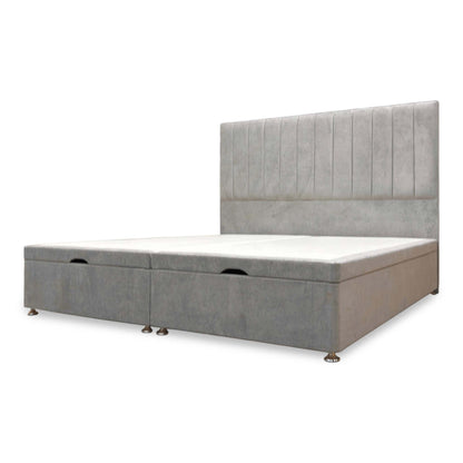 'Pluto' Milan Nickel Velvet Floor Standing Headboard + End Lift Ottoman Divan Base - Super King