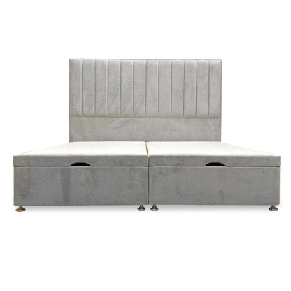 'Pluto' Milan Nickel Velvet Floor Standing Headboard + End Lift Ottoman Divan Base - Super King