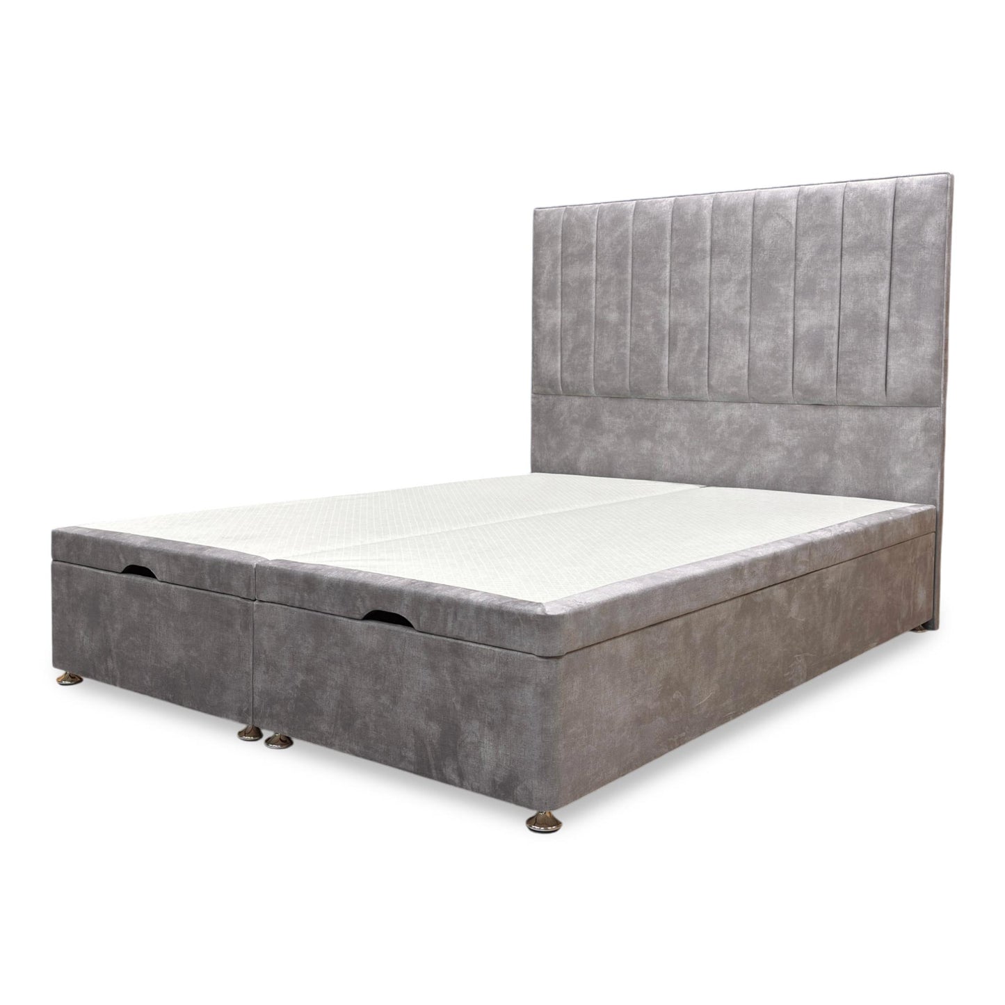 'Pluto' Lace Dolphin Velvet Floor Standing Headboard + End Lift Ottoman Divan Base - King