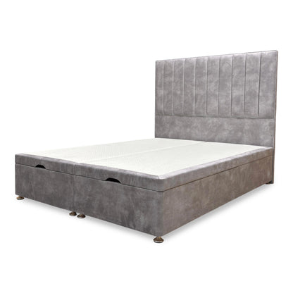 'Pluto' Lace Dolphin Velvet Floor Standing Headboard + End Lift Ottoman Divan Base - King