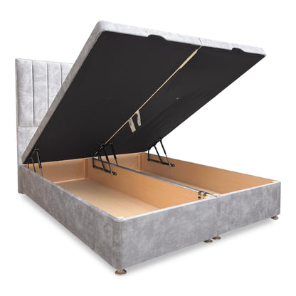 'Pluto' Lace Dolphin Velvet Floor Standing Headboard + End Lift Ottoman Divan Base - King