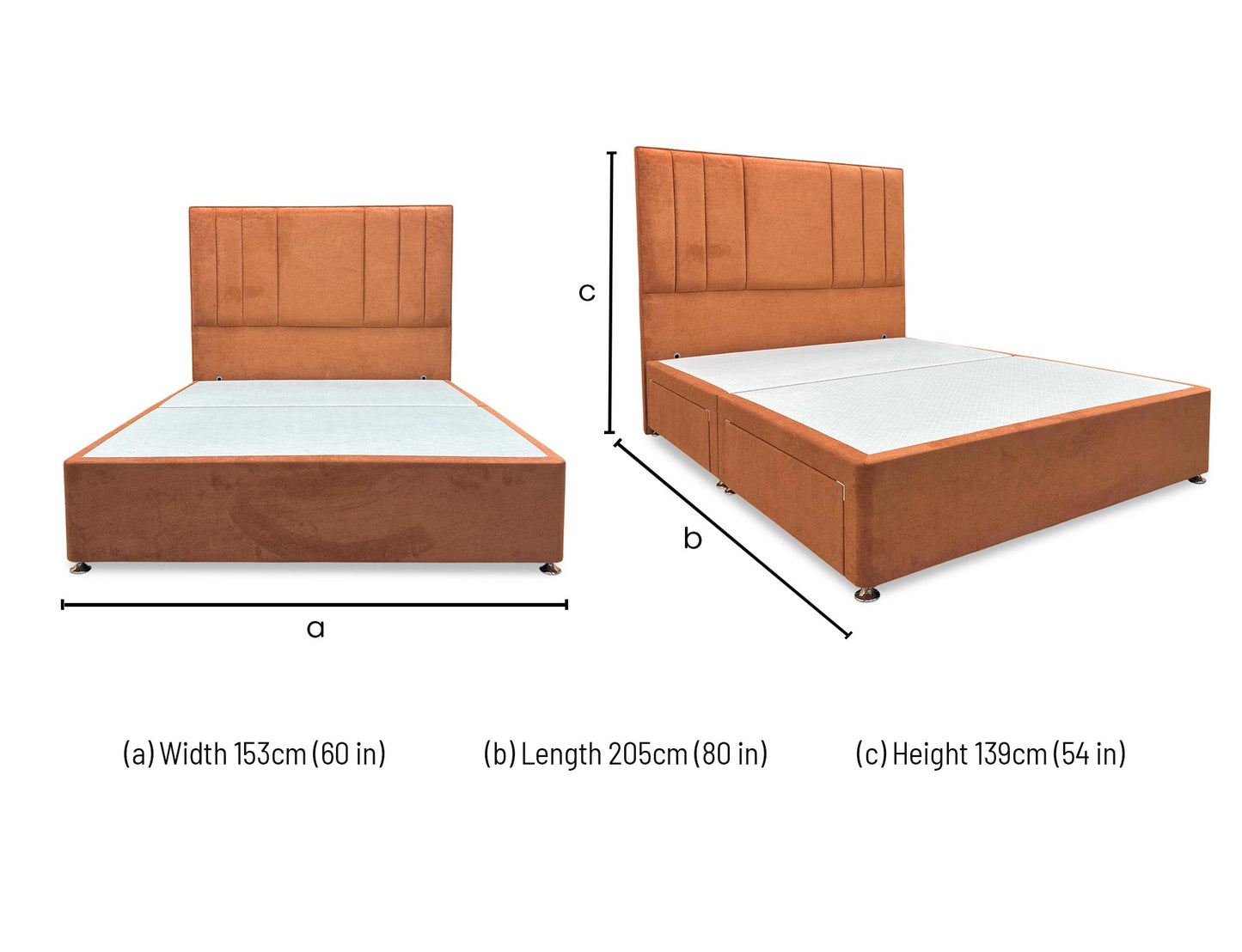 ‘Luna' Milan Marmalade Velvet Floor Standing Headboard + 4 Draw Divan Base - King