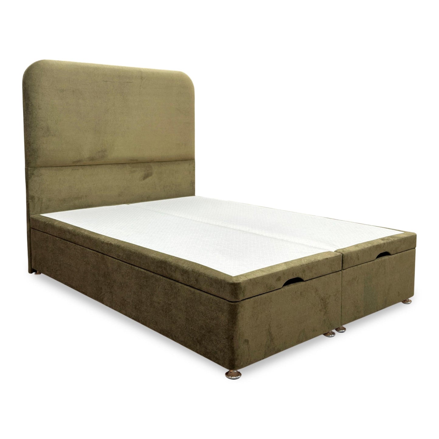 ‘Hamilton’ Milan Khaki Velvet Floor Standing Headboard + End Lift Ottoman Divan Base - Double