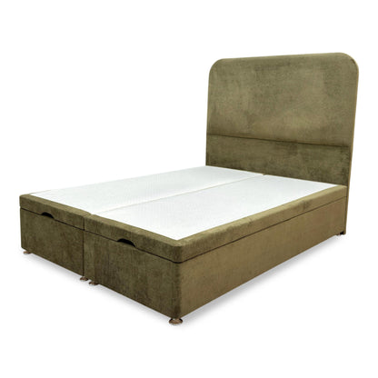 ‘Hamilton’ Milan Khaki Velvet Floor Standing Headboard + End Lift Ottoman Divan Base - Double