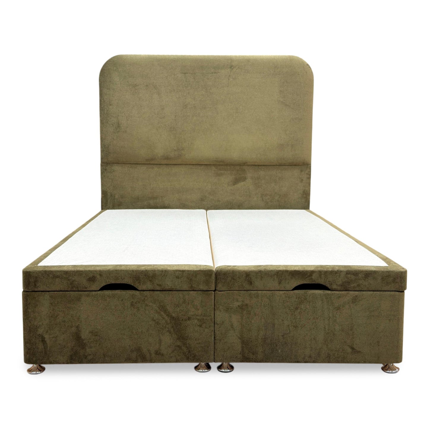 ‘Hamilton’ Milan Khaki Velvet Floor Standing Headboard + End Lift Ottoman Divan Base - Double