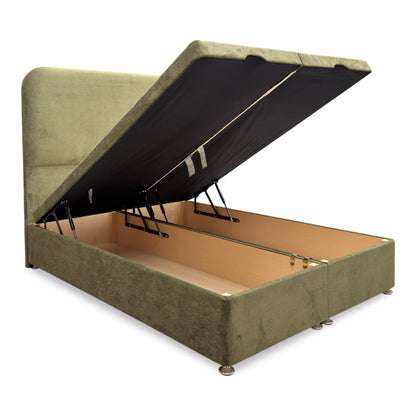 ‘Hamilton’ Milan Khaki Velvet Floor Standing Headboard + End Lift Ottoman Divan Base - Double
