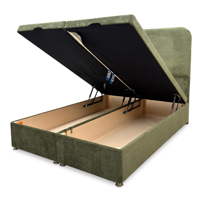‘Hamilton’ Milan Khaki Velvet Floor Standing Headboard + End Lift Ottoman Divan Base - Double